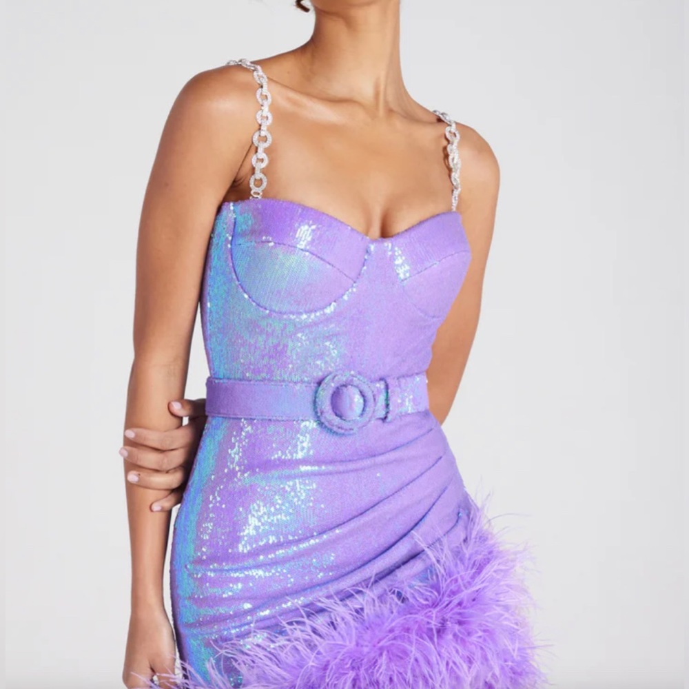 NADINE MERABI Lavender Iridescent Feather Mini Dress - Picture 7 of 13
